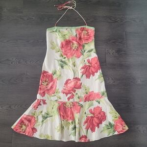 Ann Taylor Floral Silk Midi Dress Red and Green Halterd Size 8 Resortwear Travel